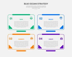 Blue ocean strategy infographic outline style with 4 point template with round rectangle box with full accessories badge for slide presentation