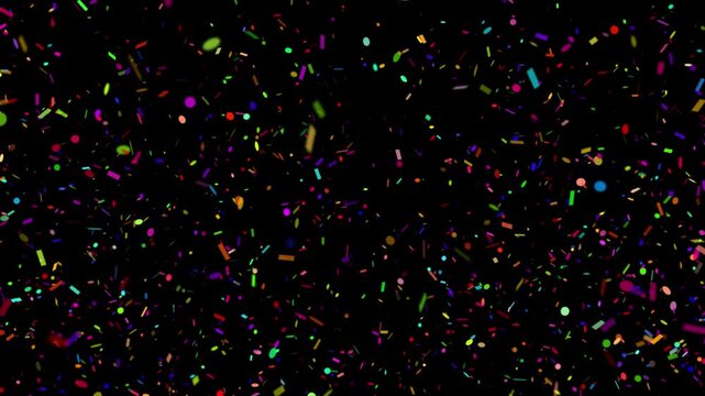 Realistic colorful confetti animation falling down, perfect for party, birthday, New Year celebration, wedding, and festive video projects. Includes transparent on Alpha Channel ProRes 4444.