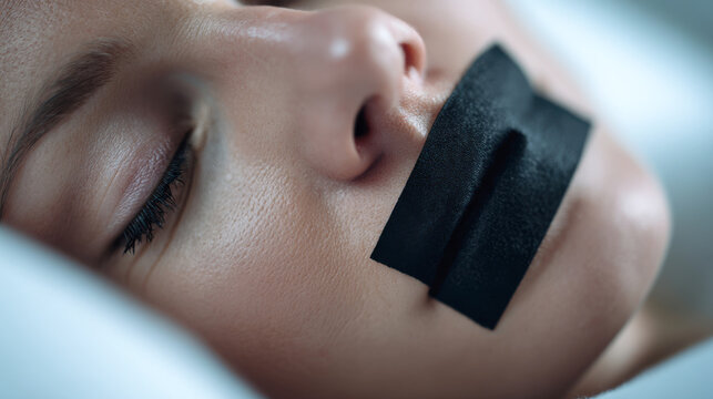 Woman lying with eyes closed and black tape covering her mouth, symbolizing mouth taping for improved sleep quality, nasal breathing, and addressing snoring issues