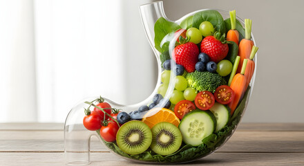 stomach shape filled with various fruits and vegetables healthy food in room. 