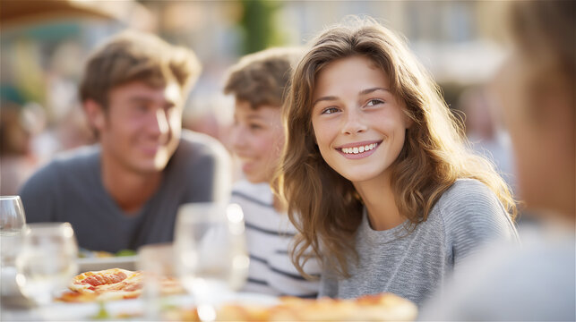 Group of friends smiling and enjoying outdoor meal together at sunny table, concept of friendship, joy and summer lifestyle.