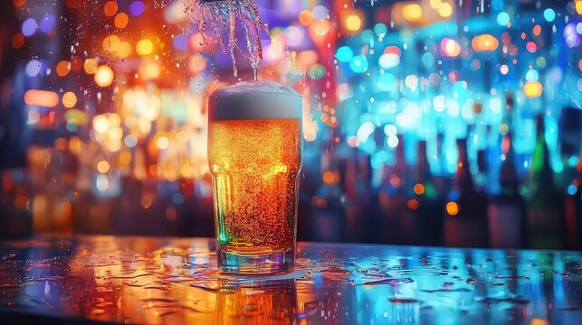 Freshly poured cold beer in a wet glass on the bar counter with colorful neon lights in the evening atmosphere of a pub for the celebration of Beer Day.
