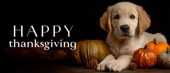 happy thanksgiving greetings with super-cute lab puppy an autumn pumpkins over black background; adorable card with wishes perfect for dog lovers
