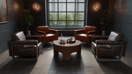 the room is furnished with several chairs and a coffee table