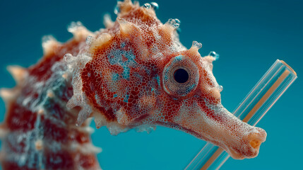 Seahorse close-up holding a plastic straw underwater, symbolizing ocean pollution and marine life suffering from human waste. Environmental awareness and eco protection concept.