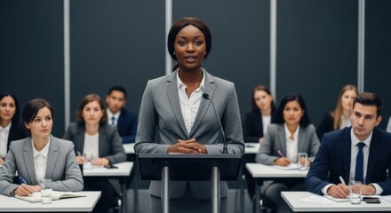 Confident black female speaker at a business conference. Public speaking, presentation, leadership concept. Diverse corporate team at a training seminar listening to a lecture.