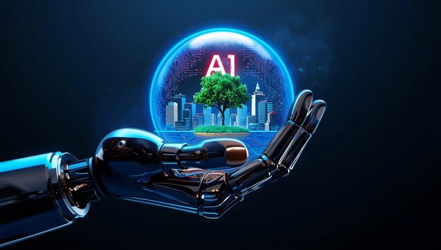 Robotic arm holding a glowing AI symbol showcasing a green tree and cityscape representing artificial intelligence and environmental sustainability
