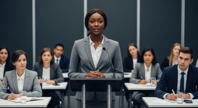 Confident black female speaker at a business conference. Public speaking, presentation, leadership concept. Diverse corporate team at a training seminar listening to a lecture.