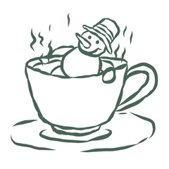 Snowman with a Cup. Line Art Illustration.