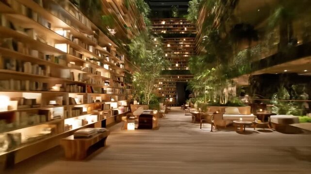 Interior view of a library with books plants and seating areas