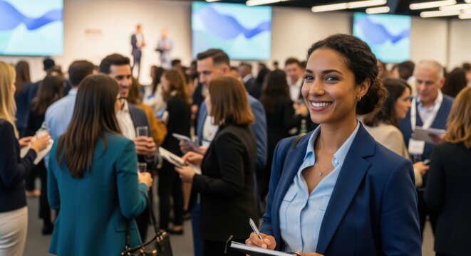 Portrait of a smiling professional businesswoman at a business conference. Confident female executive at a networking event or seminar. Corporate training and career development.