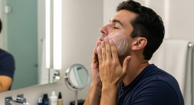Handsome man enjoying his morning grooming routine, applying shaving cream or face wash. Male skincare, beauty, and self-care concept for fresh, clean skin in the bathroom.