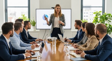 Businesswoman giving a presentation in a modern office. Corporate team in a conference room meeting. Manager speaking to colleagues about strategy and sales data analysis.