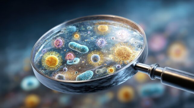 bacterial microorganism in a magnifier bacteria and germs colorful set microorganisms bacteria viruses protozoa under the rejuvenating glass