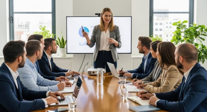 Businesswoman giving a presentation in a modern office. Corporate team in a conference room meeting. Manager speaking to colleagues about strategy and sales data analysis.