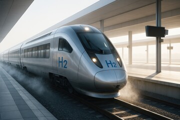 Sleek hydrogen train at station, symbolizing sustainable transport future.