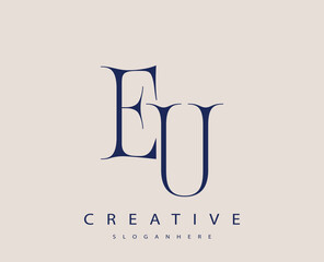 Sophisticated and stylish letter logo design featuring the combination of the letters E and U in dark blue color scheme perfect for branding stationery website headers or social media graphics