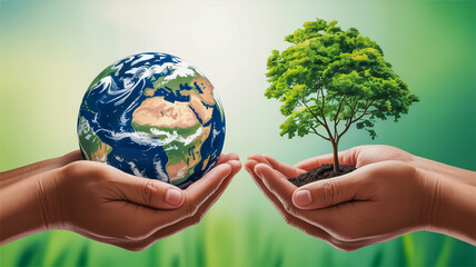 Hands holding planet Earth and a tree symbolizing environmental protection and conservation efforts globe
