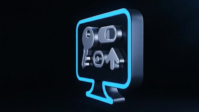 Illustration of a monitor with a key, toggle switch, and upload arrow on a black background