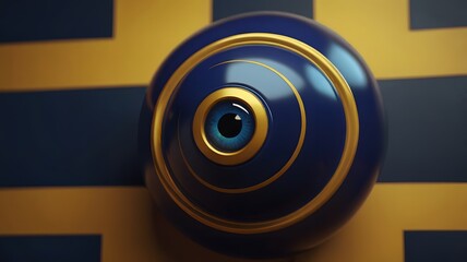 Close up of blue and yellow door knob with black and yellow.