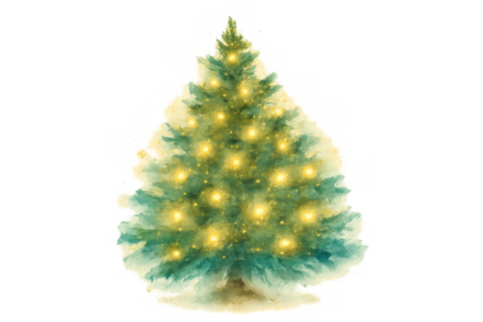 Christmas tree glowing lights watercolor illustration celebrating holiday season winter festival with transparent background - Powered by Adobe