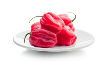 Red chili pepper habanero on plate isolated on white background.