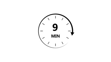 Clock icon 9 minute black color 4k illustration. Stopwatch in flat style 9 minute on white background.