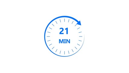 Clock icon 21 minute royal blue color 4k illustration. Stopwatch in flat style 21 minute on white background. 
