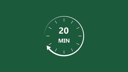  Clock icon 20 minute white color 4k illustration. Stopwatch in flat style 20 minute on dark green background.
