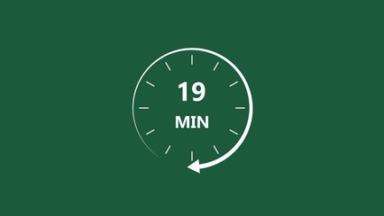  Clock icon 19 minute white color 4k illustration. Stopwatch in flat style 19 minute on dark green background.