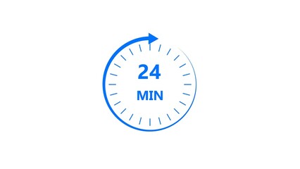Clock icon 24 minute royal blue color 4k illustration. Stopwatch in flat style 24 minute on white background. 