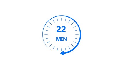 Clock icon 22 minute royal blue color 4k illustration. Stopwatch in flat style 22 minute on white background. 