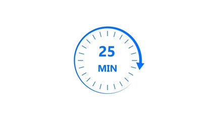 Clock icon 25 minute royal blue color 4k illustration. Stopwatch in flat style 25 minute on white background. 
