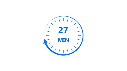 Clock icon 27 minute royal blue color 4k illustration. Stopwatch in flat style 27 minute on white background. 
