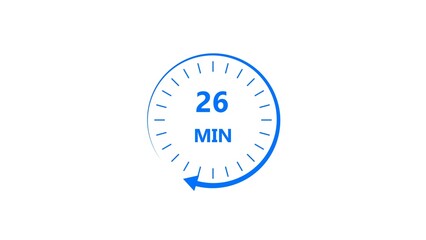 Clock icon 26 minute royal blue color 4k illustration. Stopwatch in flat style 26 minute on white background. 