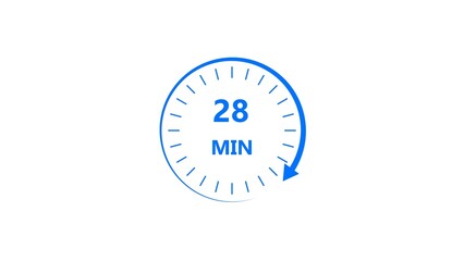 Clock icon 28 minute royal blue color 4k illustration. Stopwatch in flat style 28 minute on white background. 