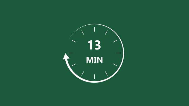  Clock icon 13 minute white color 4k illustration. Stopwatch in flat style 13 minute on dark green background.
