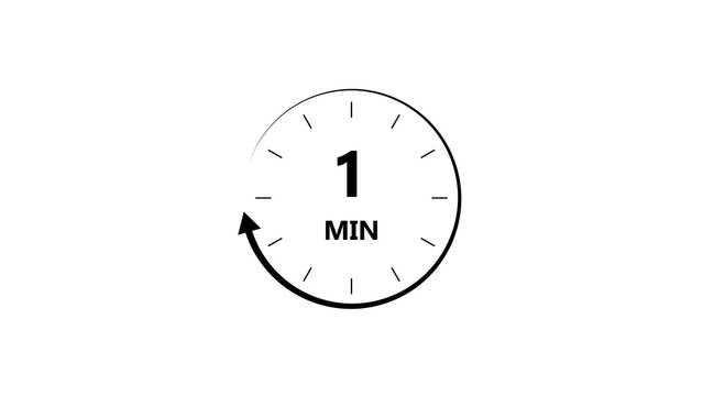 Clock icon 1 minute black color 4k illustration. Stopwatch in flat style 1 minute on white background.