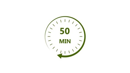 Clock icon 50 minute lime green color 4k illustration. Stopwatch in flat style 50 minute on white background. 