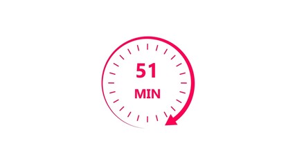 Clock icon 51 minute magenta red color 4k illustration. Stopwatch in flat style 51 minute on white background.