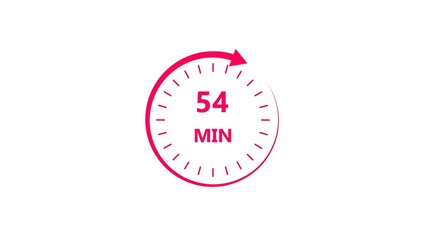Clock icon 54 minute magenta red color 4k illustration. Stopwatch in flat style 54 minute on white background.