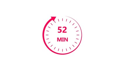 Clock icon 52 minute magenta red color 4k illustration. Stopwatch in flat style 52 minute on white background.