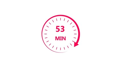 Clock icon 53 minute magenta red color 4k illustration. Stopwatch in flat style 53 minute on white background.
