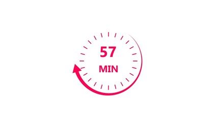 Clock icon 57 minute magenta red color 4k illustration. Stopwatch in flat style 57 minute on white background.