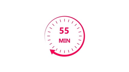 Clock icon 55 minute magenta red color 4k illustration. Stopwatch in flat style 55 minute on white background.