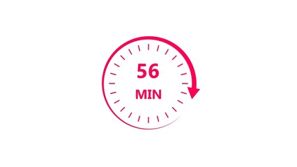 Clock icon 56 minute magenta red color 4k illustration. Stopwatch in flat style 56 minute on white background.