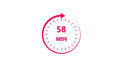 Clock icon 58 minute magenta red color 4k illustration. Stopwatch in flat style 58 minute on white background.
