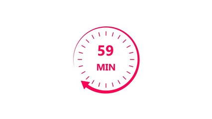 Clock icon 59 minute magenta red color 4k illustration. Stopwatch in flat style 59 minute on white background.