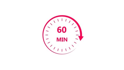 Clock icon 60 minute magenta red color 4k illustration. Stopwatch in flat style 60 minute on white background.