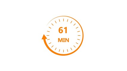 Clock icon 61 minute orange color 4k illustration. Stopwatch in flat style 61 minute on white background.
